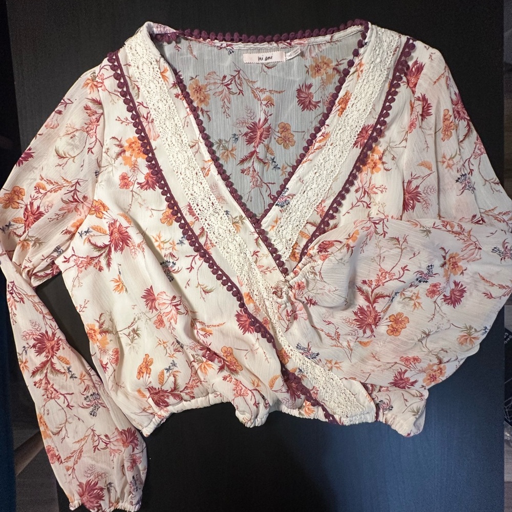 Floral Wrap Crop Blouse in Cream and Burgundy - boho chic